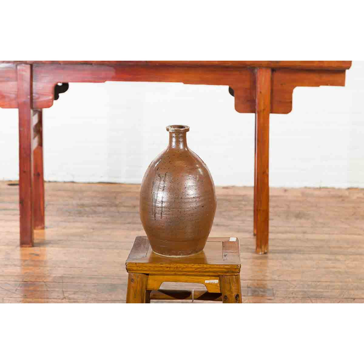 Japanese Taishō Period 1900s Tamba Tachikui Ware Brown Sake Jar with Drip Glaze-8. Asian & Chinese Furniture, Art, Antiques, Vintage Home Décor for sale at FEA Home