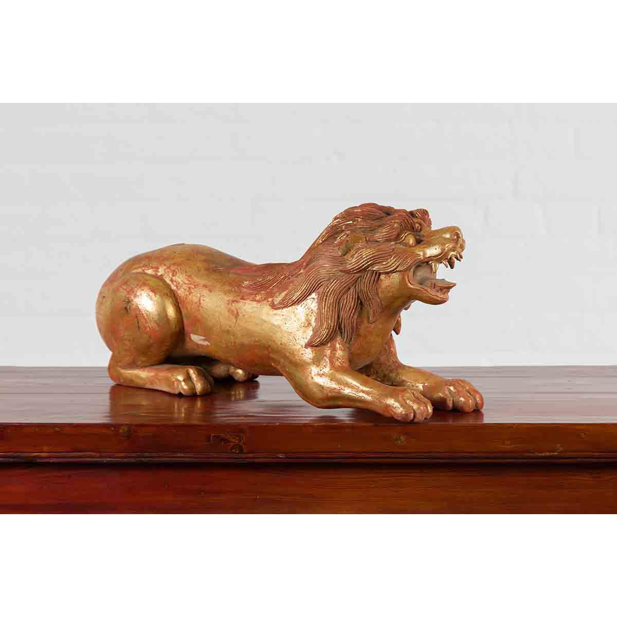 Vintage Thai Gilded and Carved Wooden Mythical Creature with Red Undertone-5. Asian & Chinese Furniture, Art, Antiques, Vintage Home Décor for sale at FEA Home