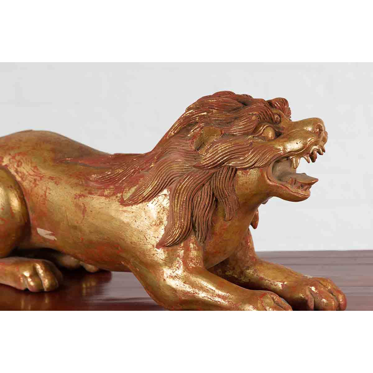 Vintage Thai Gilded and Carved Wooden Mythical Creature with Red Undertone-6. Asian & Chinese Furniture, Art, Antiques, Vintage Home Décor for sale at FEA Home