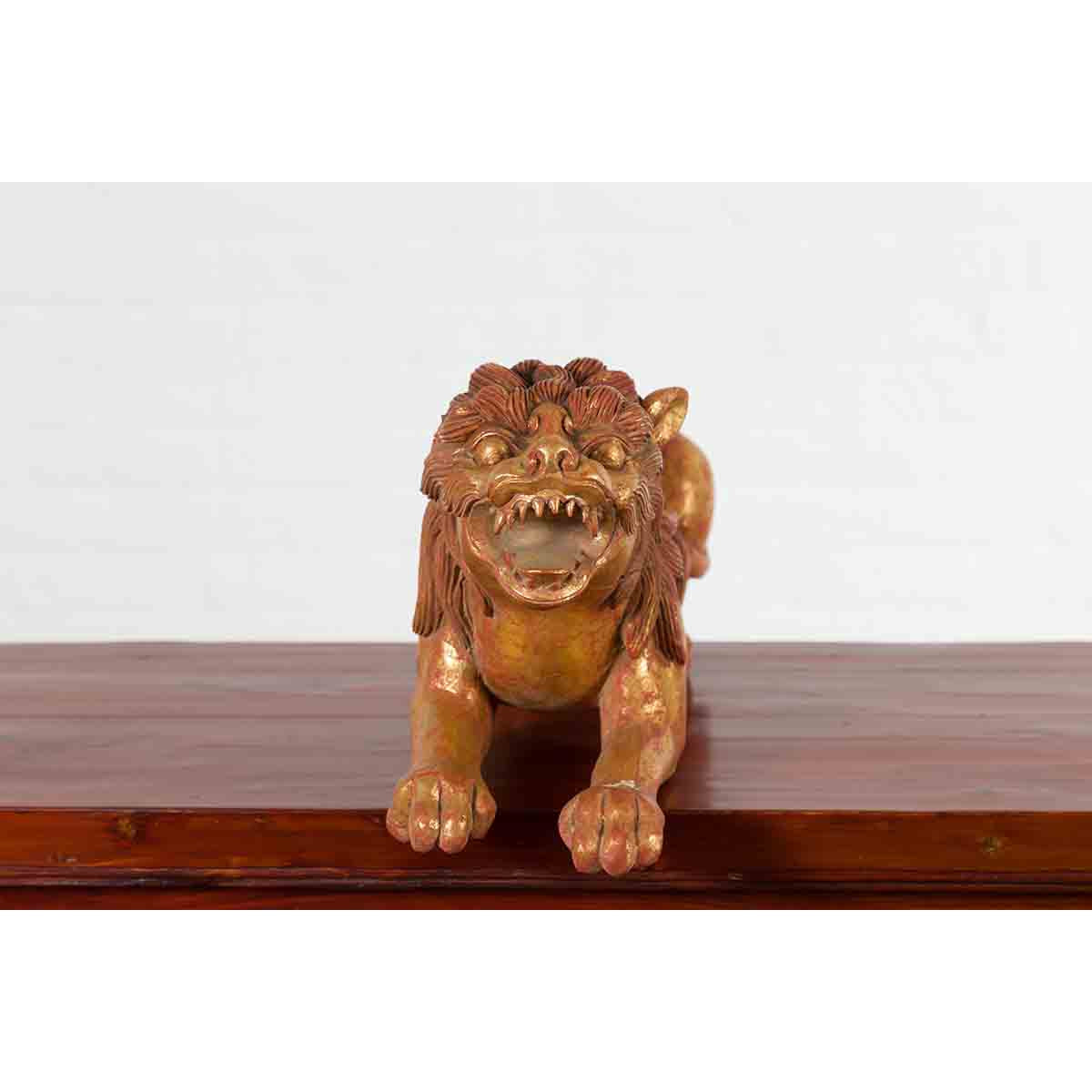 Vintage Thai Gilded and Carved Wooden Mythical Creature with Red Undertone-9. Asian & Chinese Furniture, Art, Antiques, Vintage Home Décor for sale at FEA Home