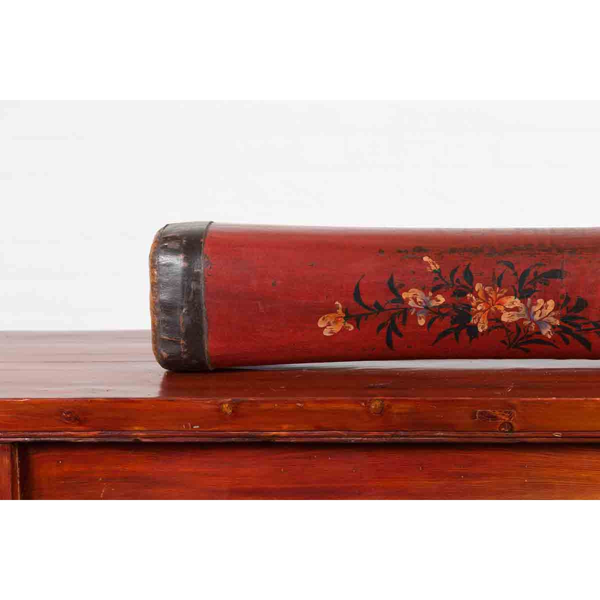 Chinese Qing Dynasty Cinnabar Lacquer Leather Pillow with Hand Painted Flowers-5. Asian & Chinese Furniture, Art, Antiques, Vintage Home Décor for sale at FEA Home