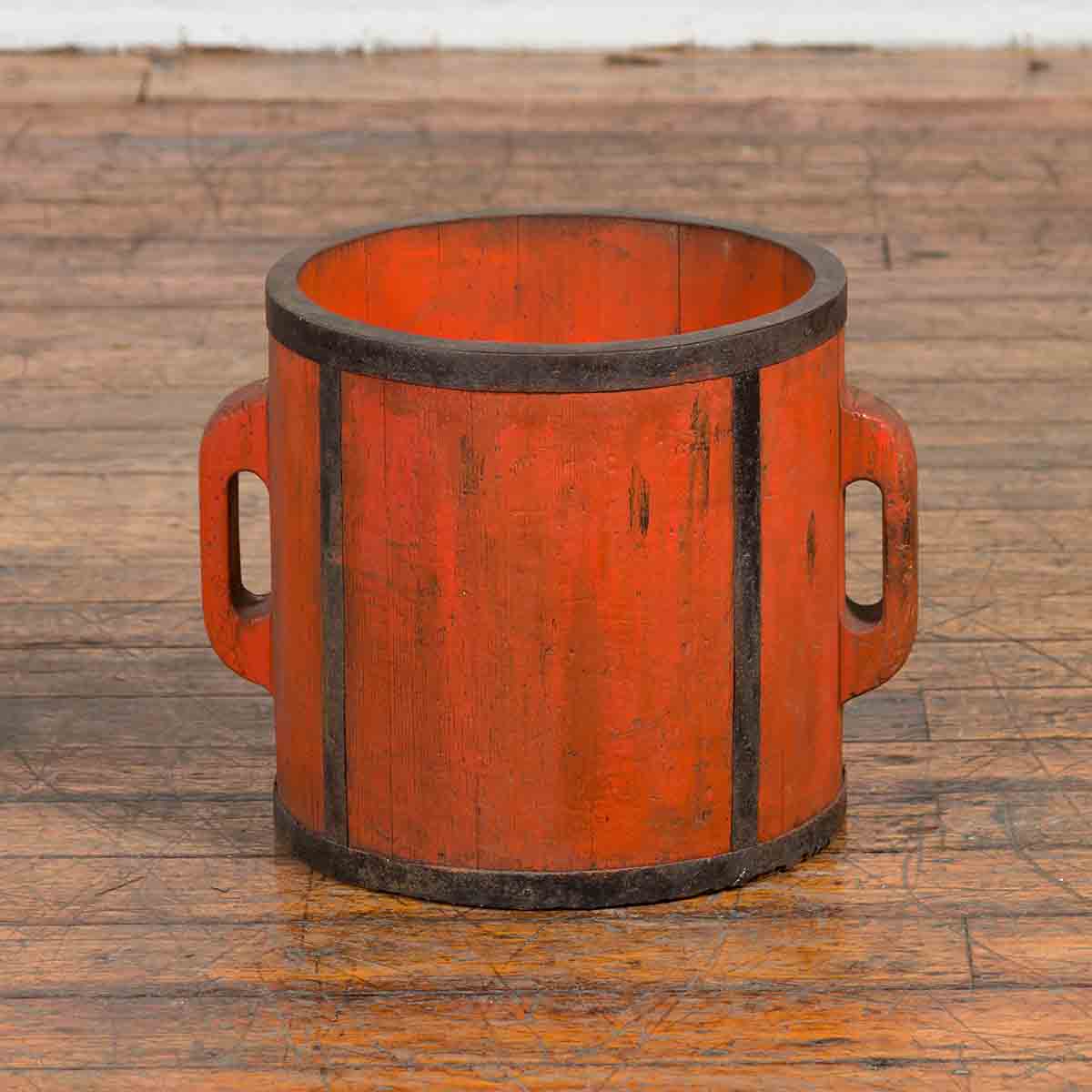 Chinese Early 20th Century Orange Grain Measuring Cup with Lateral Handles-2. Asian & Chinese Furniture, Art, Antiques, Vintage Home Décor for sale at FEA Home
