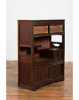 Vintage Zebra Wood Japanese Cabinet with Sliding Doors and Curving Open Shelves-4. Asian & Chinese Furniture, Art, Antiques, Vintage Home Décor for sale at FEA Home