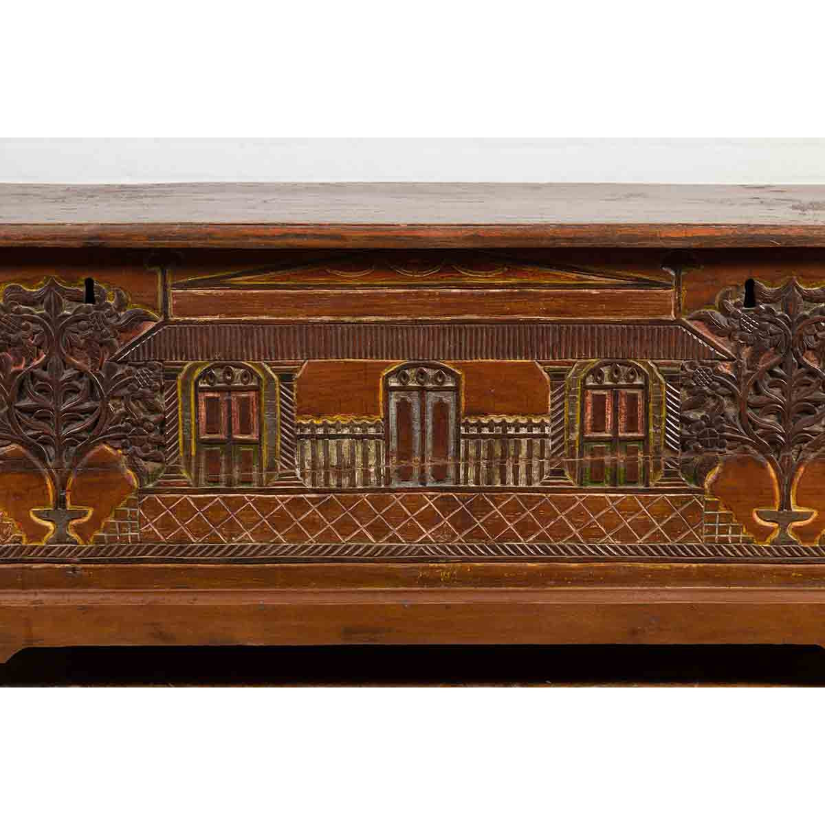 Indonesian 19th Century Carved and Painted Trunk with Architecture and Foliage-4. Asian & Chinese Furniture, Art, Antiques, Vintage Home Décor for sale at FEA Home