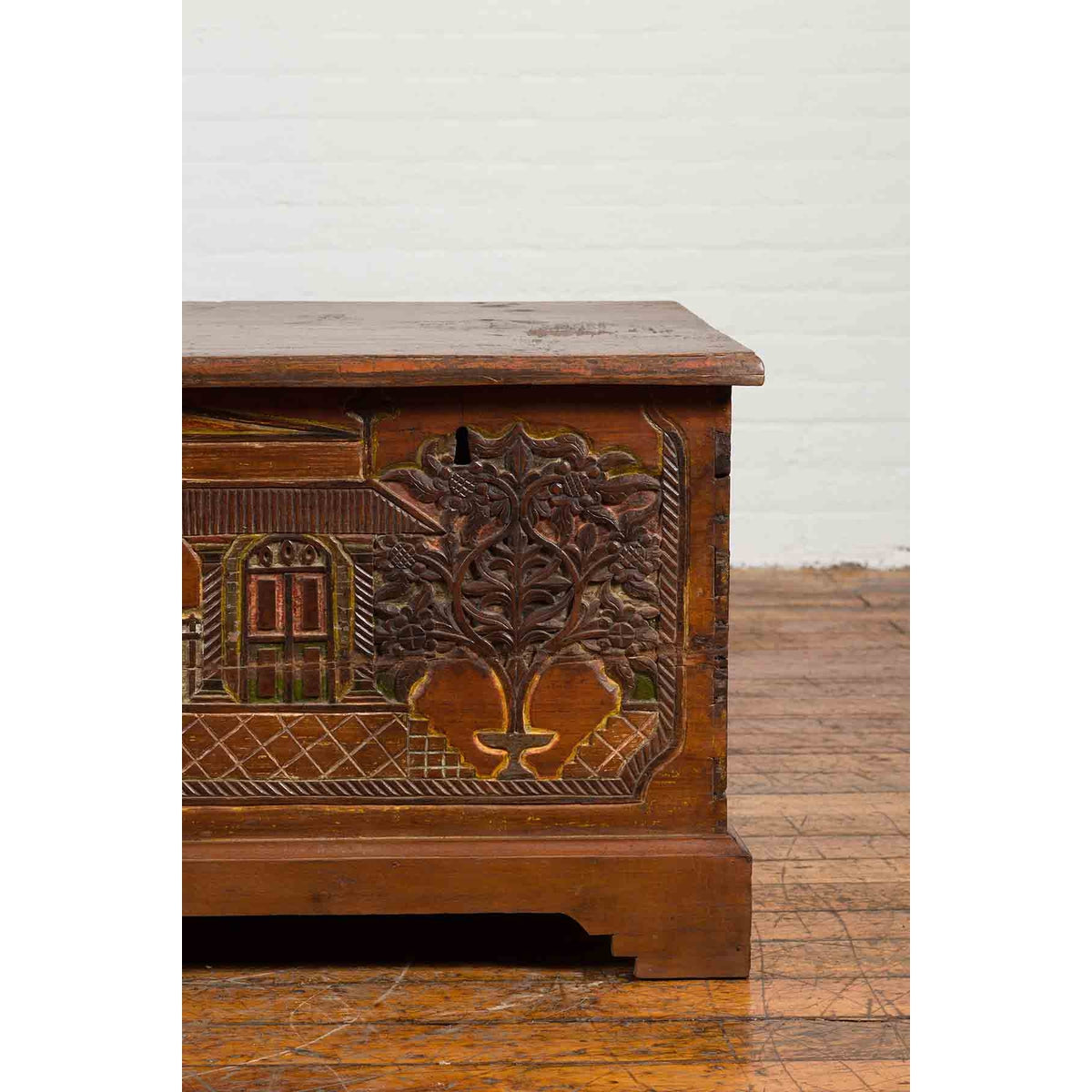 Indonesian 19th Century Carved and Painted Trunk with Architecture and Foliage-5. Asian & Chinese Furniture, Art, Antiques, Vintage Home Décor for sale at FEA Home
