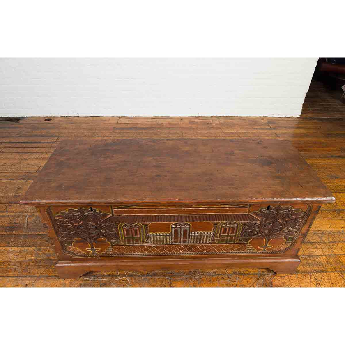 Indonesian 19th Century Carved and Painted Trunk with Architecture and Foliage-6. Asian & Chinese Furniture, Art, Antiques, Vintage Home Décor for sale at FEA Home