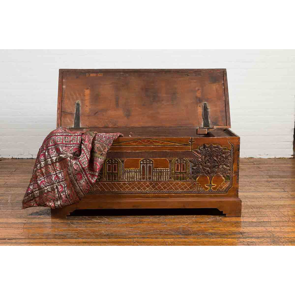 Indonesian 19th Century Carved and Painted Trunk with Architecture and Foliage-7. Asian & Chinese Furniture, Art, Antiques, Vintage Home Décor for sale at FEA Home