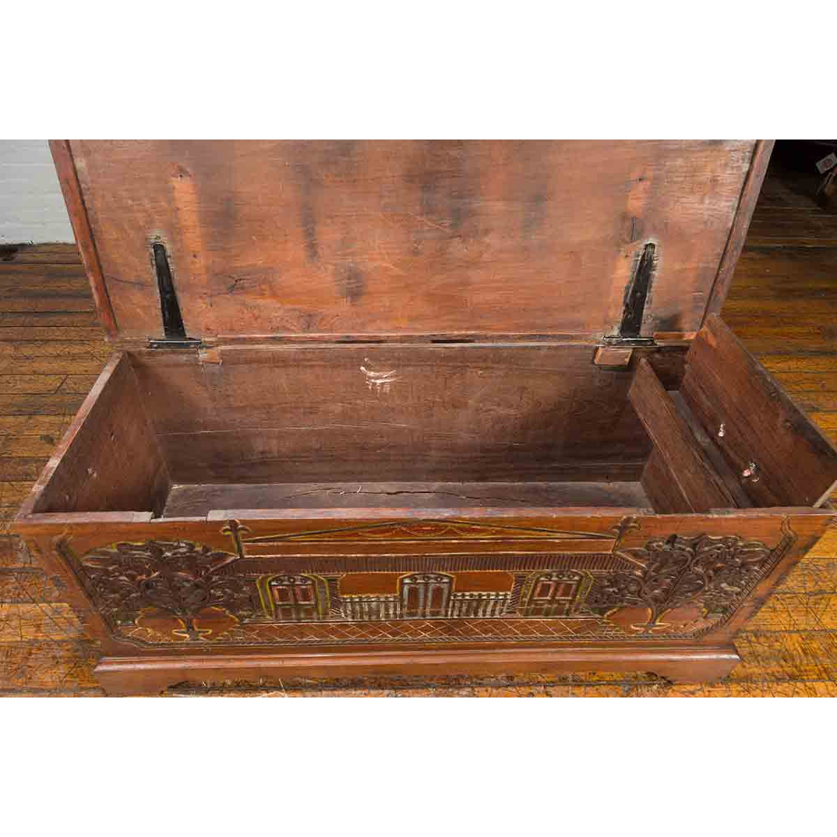Indonesian 19th Century Carved and Painted Trunk with Architecture and Foliage-8. Asian & Chinese Furniture, Art, Antiques, Vintage Home Décor for sale at FEA Home