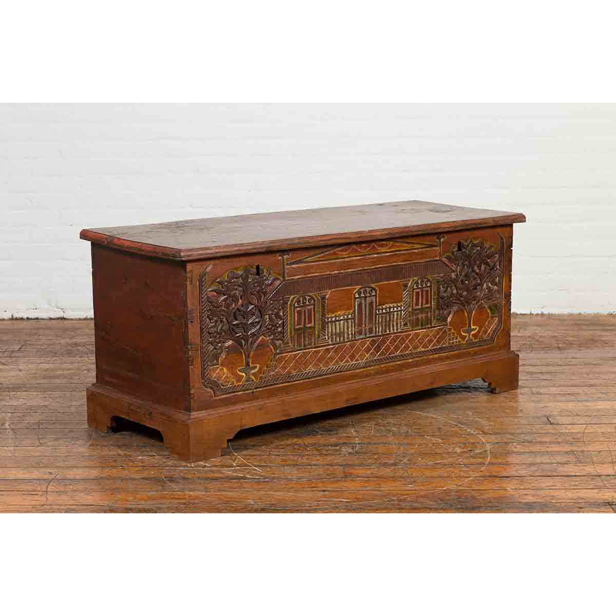 Indonesian 19th Century Carved and Painted Trunk with Architecture and Foliage-9. Asian & Chinese Furniture, Art, Antiques, Vintage Home Décor for sale at FEA Home