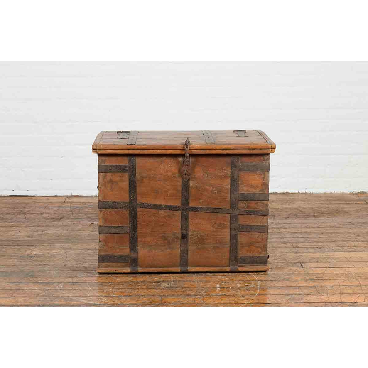 Rustic Indian 19th Century Wooden Trunk with Iron Hardware and Weathered Patina-3. Asian & Chinese Furniture, Art, Antiques, Vintage Home Décor for sale at FEA Home