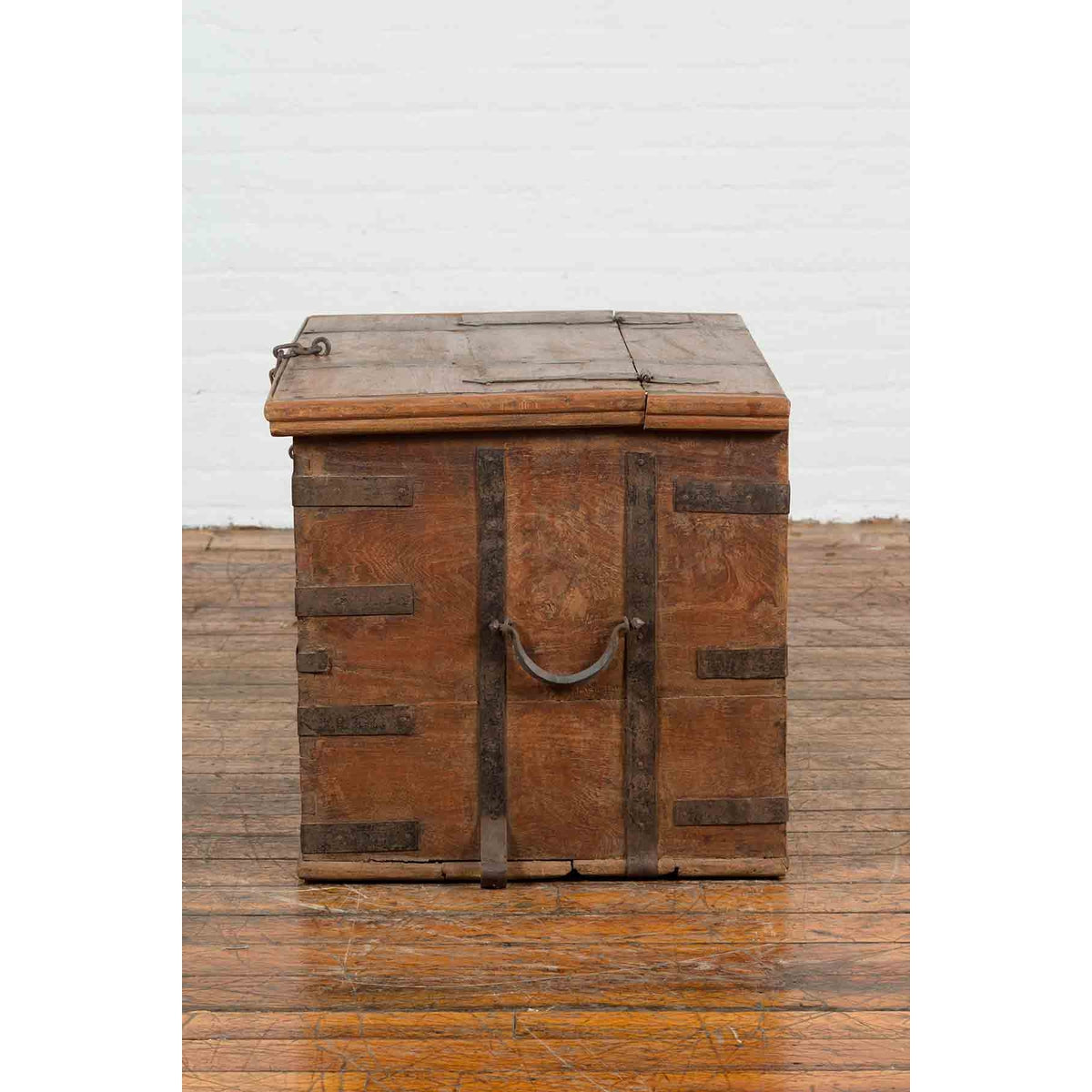 Rustic Indian 19th Century Wooden Trunk with Iron Hardware and Weathered Patina-11. Asian & Chinese Furniture, Art, Antiques, Vintage Home Décor for sale at FEA Home