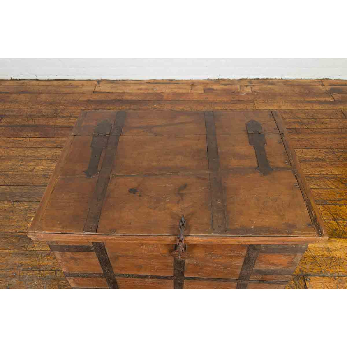 Rustic Indian 19th Century Wooden Trunk with Iron Hardware and Weathered Patina-5. Asian & Chinese Furniture, Art, Antiques, Vintage Home Décor for sale at FEA Home