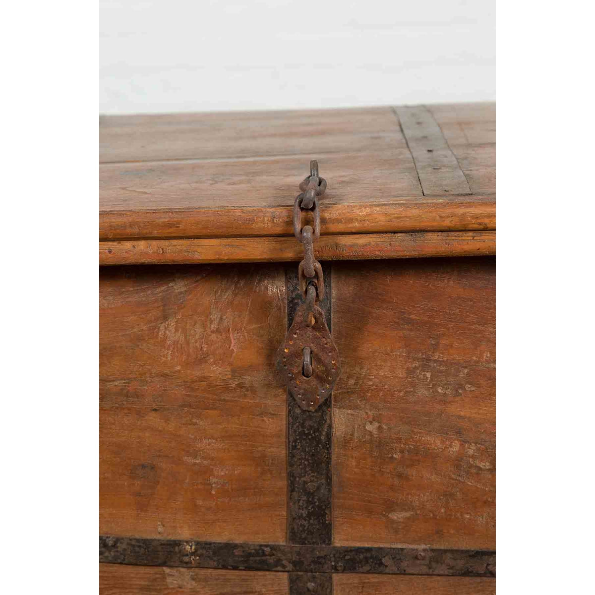 Rustic Indian 19th Century Wooden Trunk with Iron Hardware and Weathered Patina-6. Asian & Chinese Furniture, Art, Antiques, Vintage Home Décor for sale at FEA Home