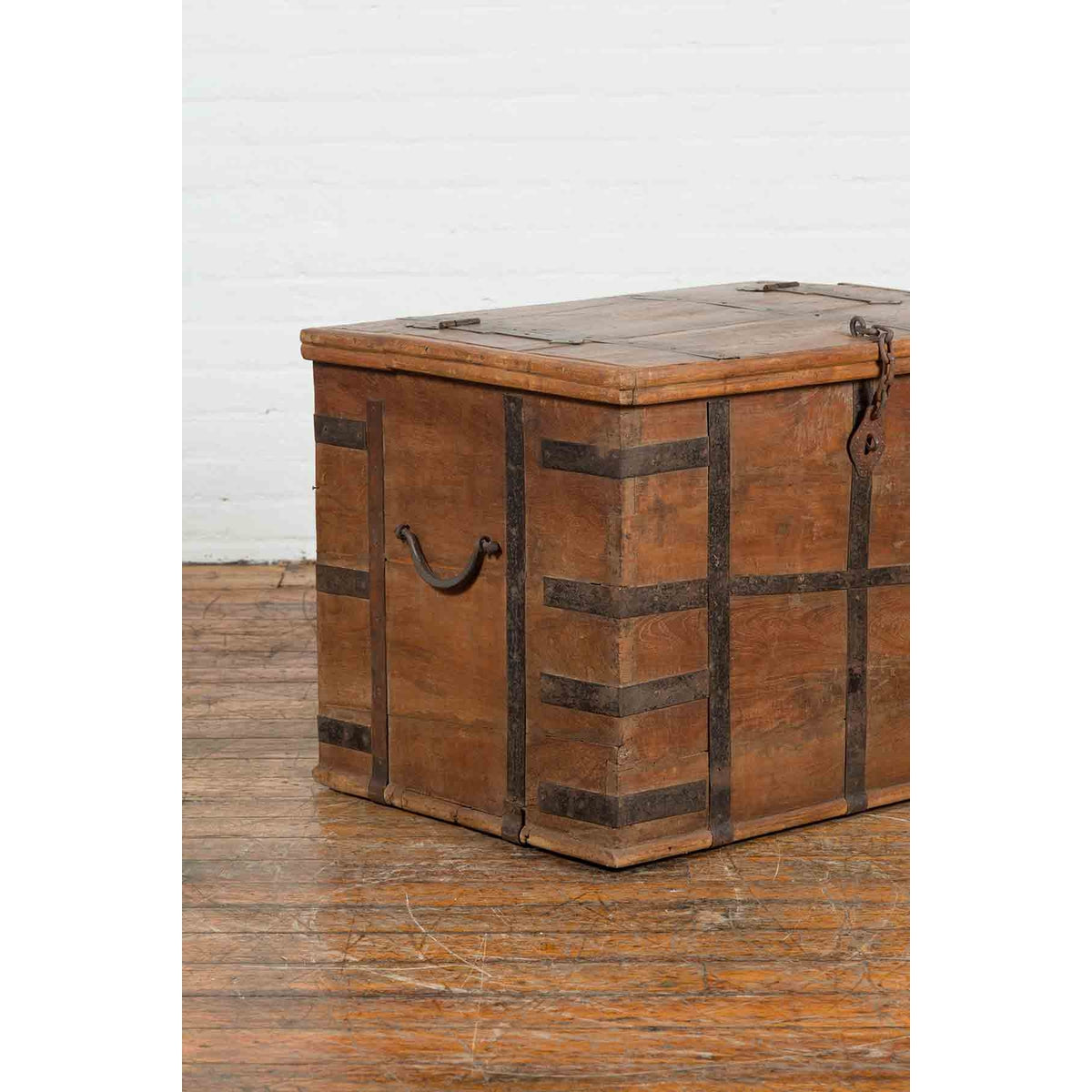 Rustic Indian 19th Century Wooden Trunk with Iron Hardware and Weathered Patina-8. Asian & Chinese Furniture, Art, Antiques, Vintage Home Décor for sale at FEA Home
