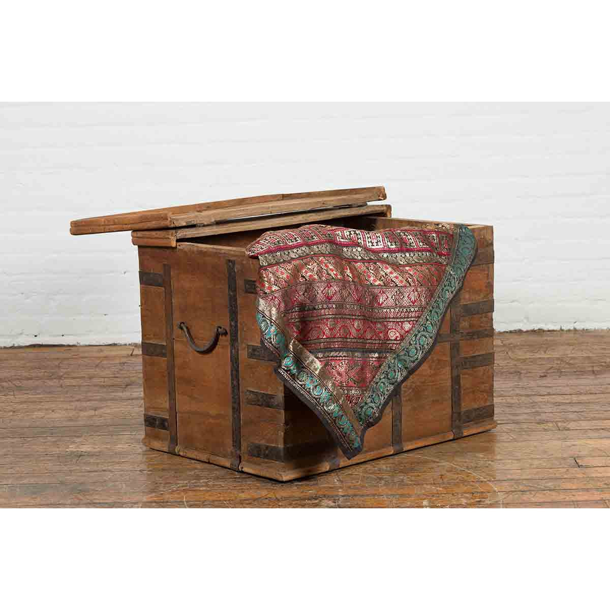 Rustic Indian 19th Century Wooden Trunk with Iron Hardware and Weathered Patina-4. Asian & Chinese Furniture, Art, Antiques, Vintage Home Décor for sale at FEA Home