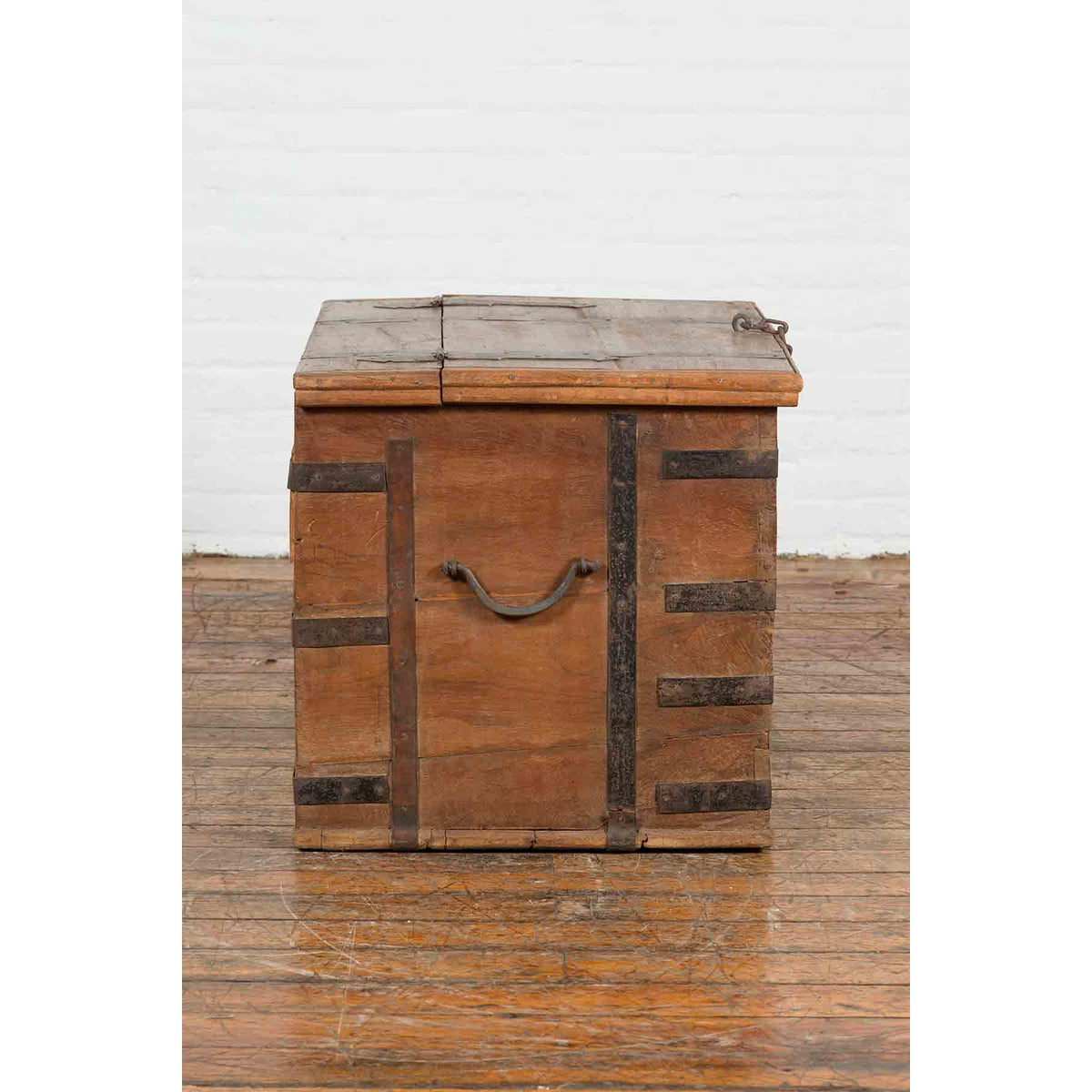 Rustic Indian 19th Century Wooden Trunk with Iron Hardware and Weathered Patina-9. Asian & Chinese Furniture, Art, Antiques, Vintage Home Décor for sale at FEA Home