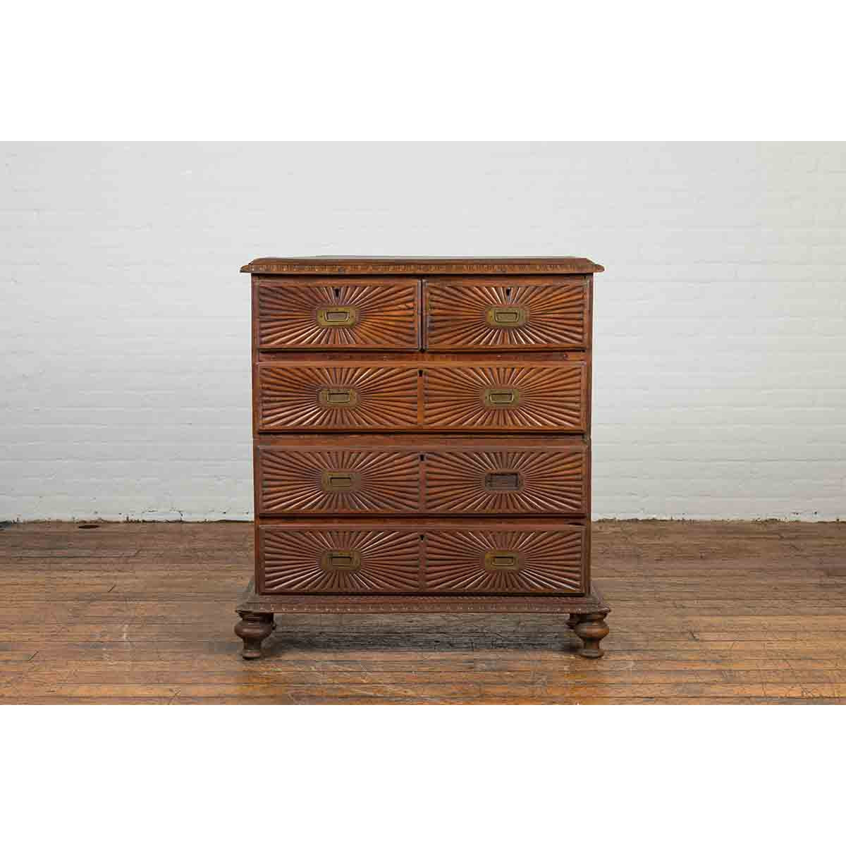 Indonesian 19th Century Five-Drawer Chest with Carved Sunburst and Ovoid Motifs-3. Asian & Chinese Furniture, Art, Antiques, Vintage Home Décor for sale at FEA Home