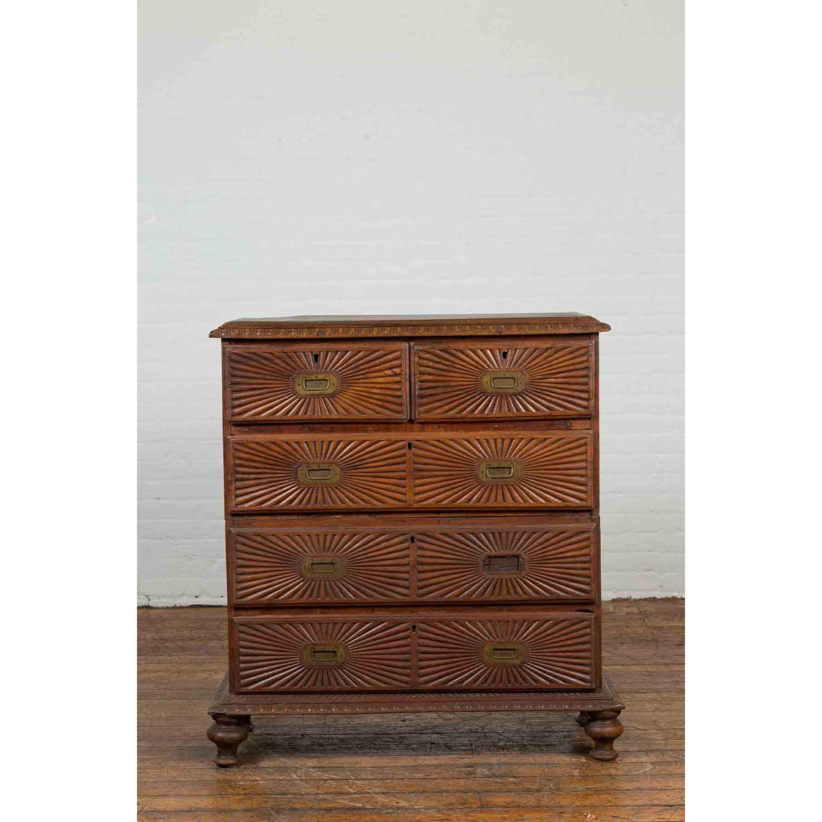 Indonesian 19th Century Five-Drawer Chest with Carved Sunburst and Ovoid Motifs-5. Asian & Chinese Furniture, Art, Antiques, Vintage Home Décor for sale at FEA Home