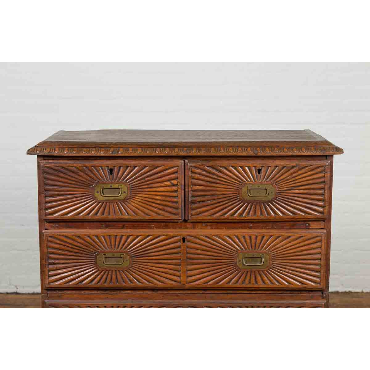 Indonesian 19th Century Five-Drawer Chest with Carved Sunburst and Ovoid Motifs-6. Asian & Chinese Furniture, Art, Antiques, Vintage Home Décor for sale at FEA Home