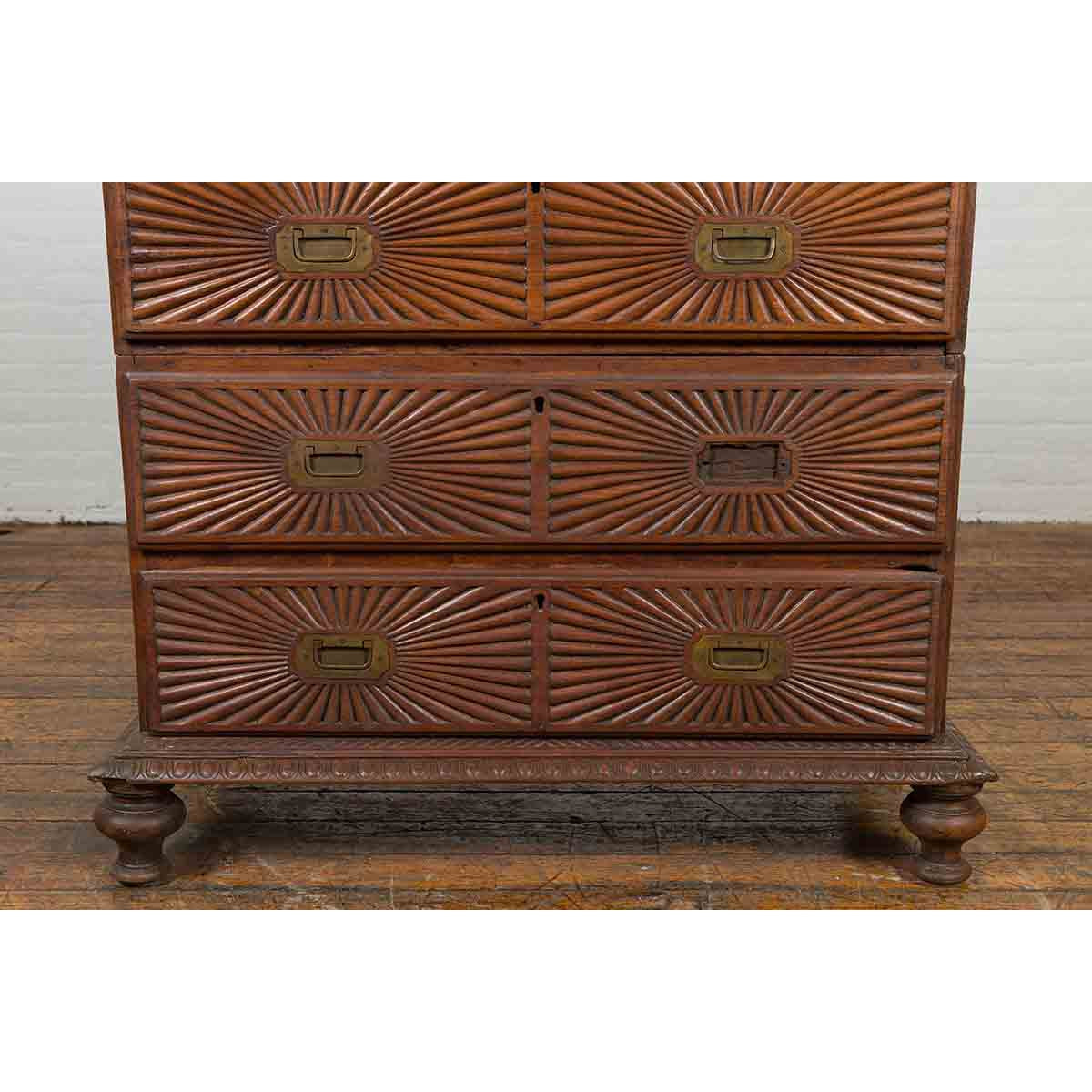 Indonesian 19th Century Five-Drawer Chest with Carved Sunburst and Ovoid Motifs-9. Asian & Chinese Furniture, Art, Antiques, Vintage Home Décor for sale at FEA Home
