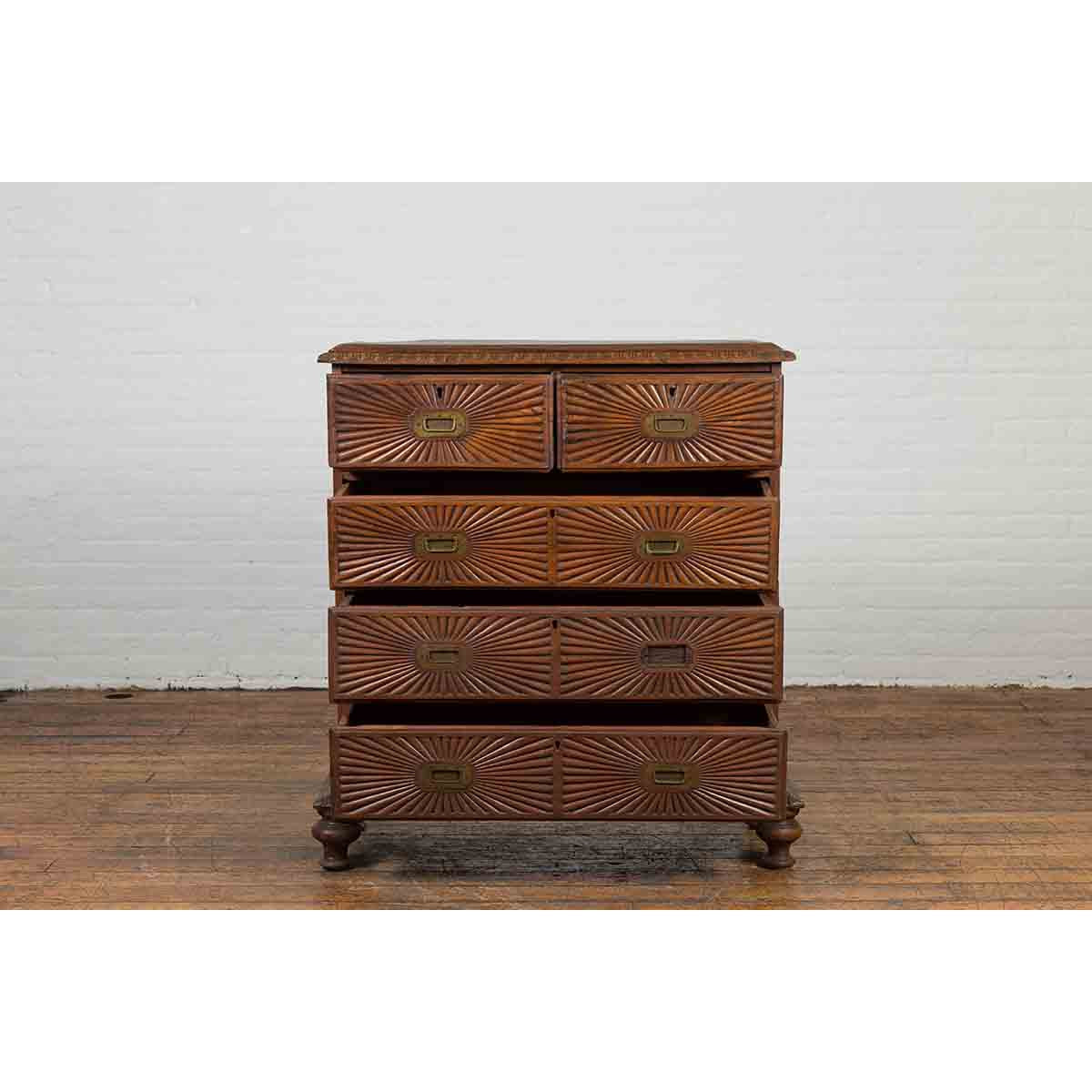 Indonesian 19th Century Five-Drawer Chest with Carved Sunburst and Ovoid Motifs-10. Asian & Chinese Furniture, Art, Antiques, Vintage Home Décor for sale at FEA Home