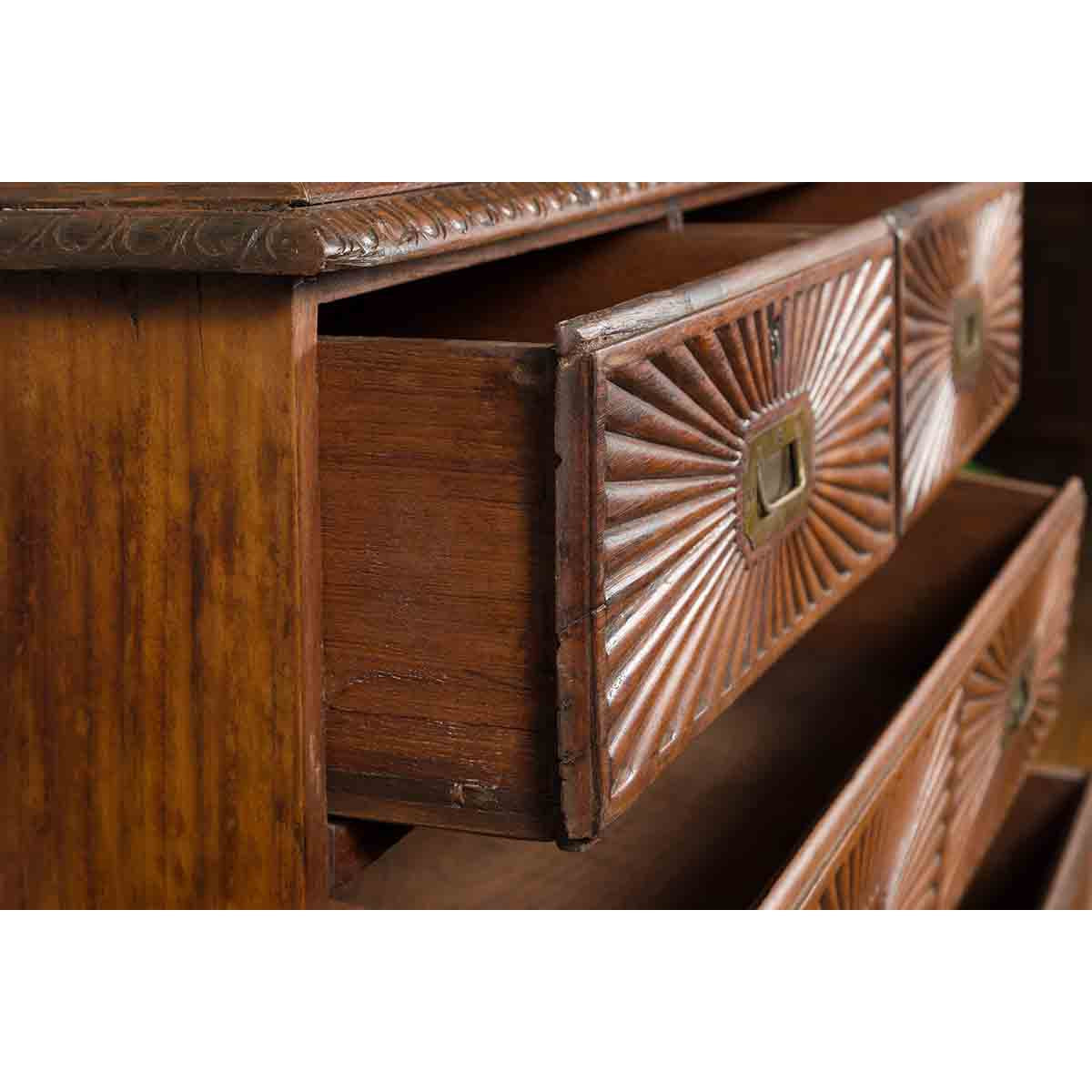 Indonesian 19th Century Five-Drawer Chest with Carved Sunburst and Ovoid Motifs-11. Asian & Chinese Furniture, Art, Antiques, Vintage Home Décor for sale at FEA Home