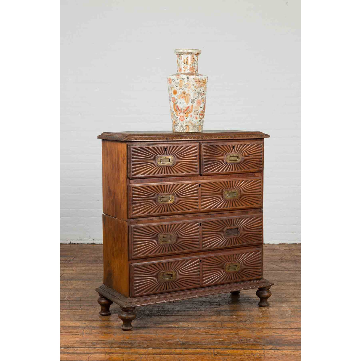 Indonesian 19th Century Five-Drawer Chest with Carved Sunburst and Ovoid Motifs-4. Asian & Chinese Furniture, Art, Antiques, Vintage Home Décor for sale at FEA Home