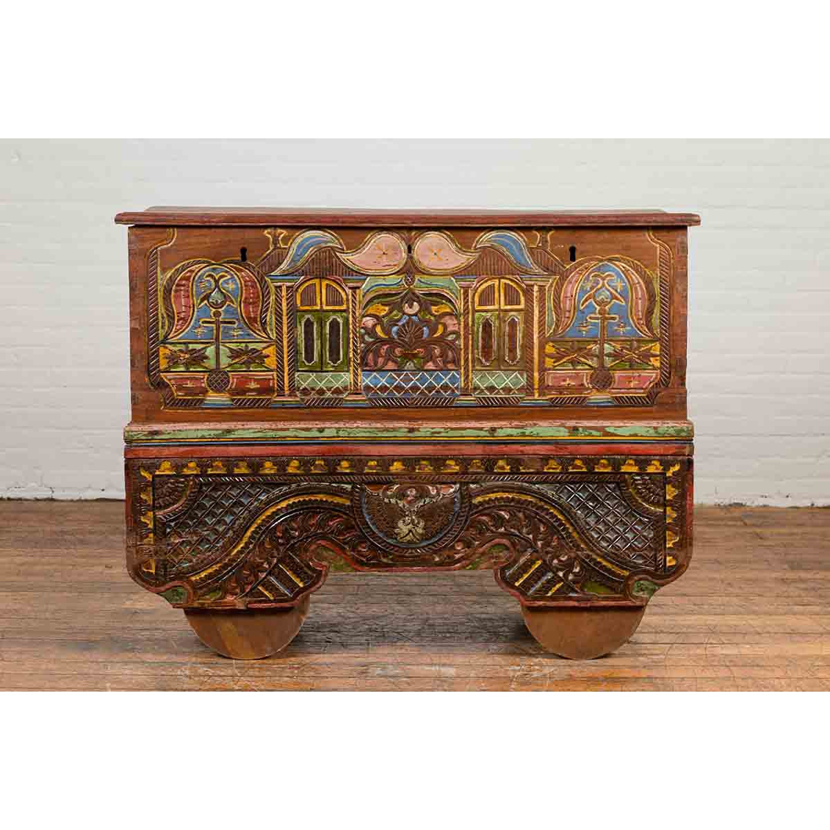 Indonesian Madurese 19th Century Polychrome Merchant's Blanket Chest on Wheels-2. Asian & Chinese Furniture, Art, Antiques, Vintage Home Décor for sale at FEA Home