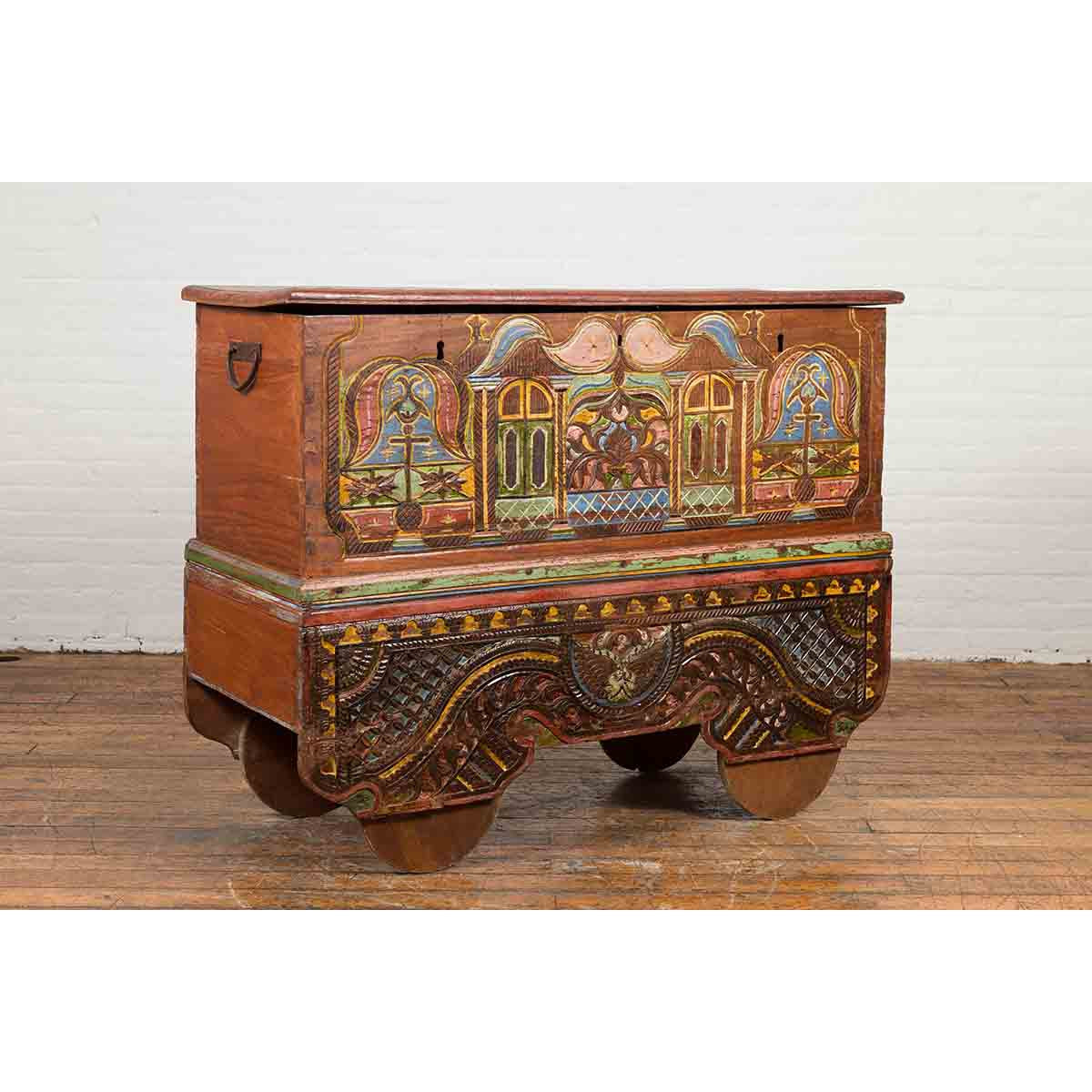 Indonesian Madurese 19th Century Polychrome Merchant's Blanket Chest on Wheels-3. Asian & Chinese Furniture, Art, Antiques, Vintage Home Décor for sale at FEA Home