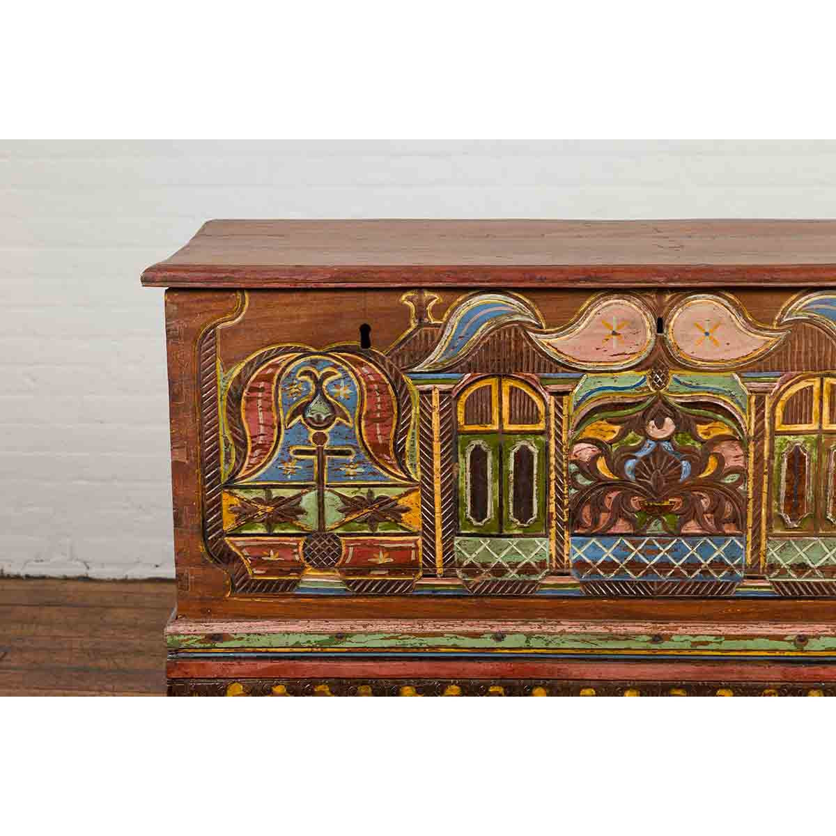 Indonesian Madurese 19th Century Polychrome Merchant's Blanket Chest on Wheels-5. Asian & Chinese Furniture, Art, Antiques, Vintage Home Décor for sale at FEA Home