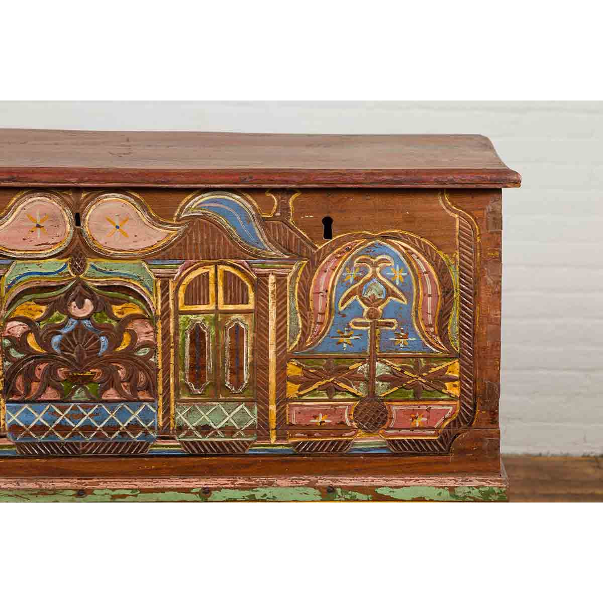 Indonesian Madurese 19th Century Polychrome Merchant's Blanket Chest on Wheels-7. Asian & Chinese Furniture, Art, Antiques, Vintage Home Décor for sale at FEA Home