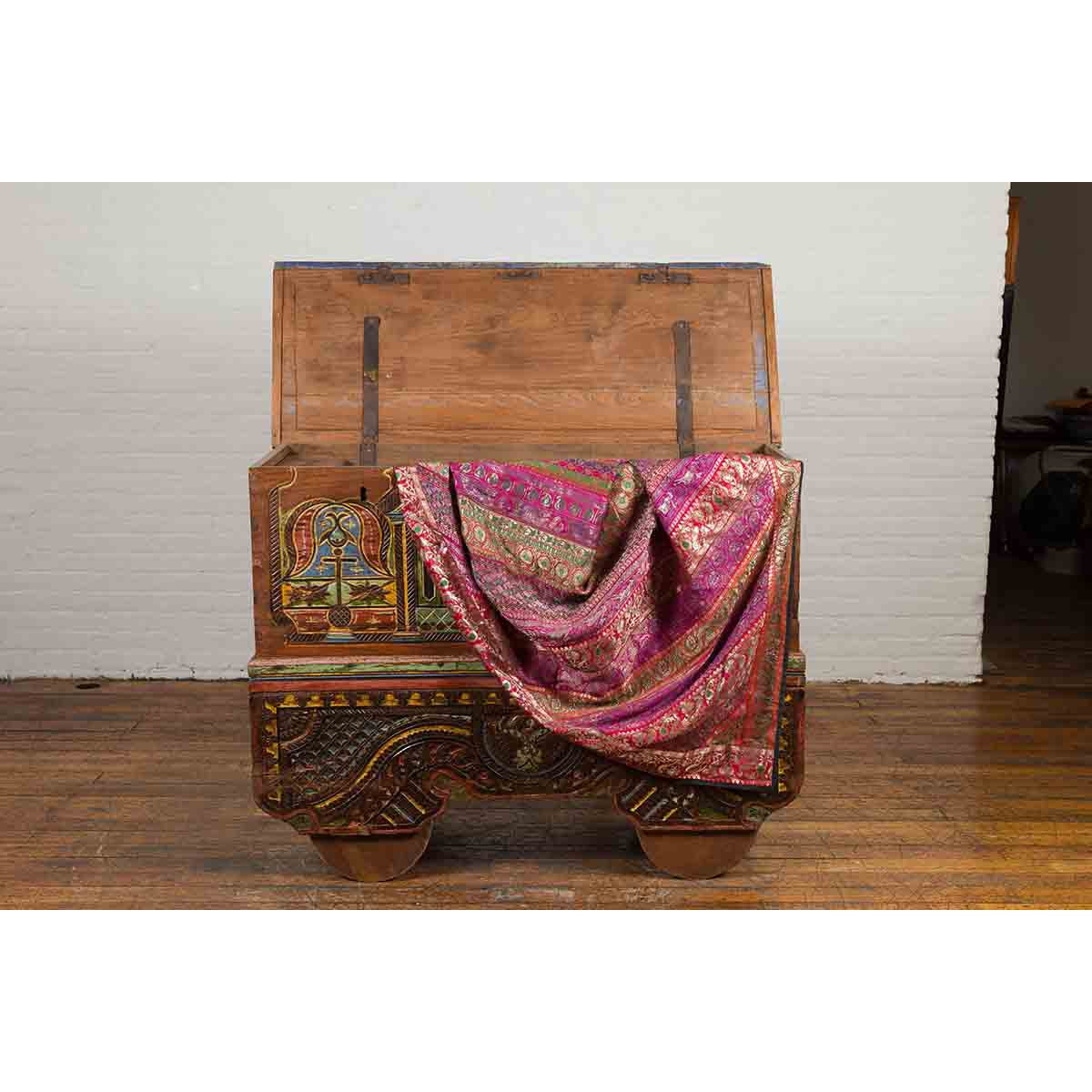 Indonesian Madurese 19th Century Polychrome Merchant's Blanket Chest on Wheels-6. Asian & Chinese Furniture, Art, Antiques, Vintage Home Décor for sale at FEA Home