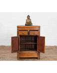 Vintage Brown Elmwood Chinese Side Cabinet with Two Drawers over Double Doors-4. Asian & Chinese Furniture, Art, Antiques, Vintage Home Décor for sale at FEA Home