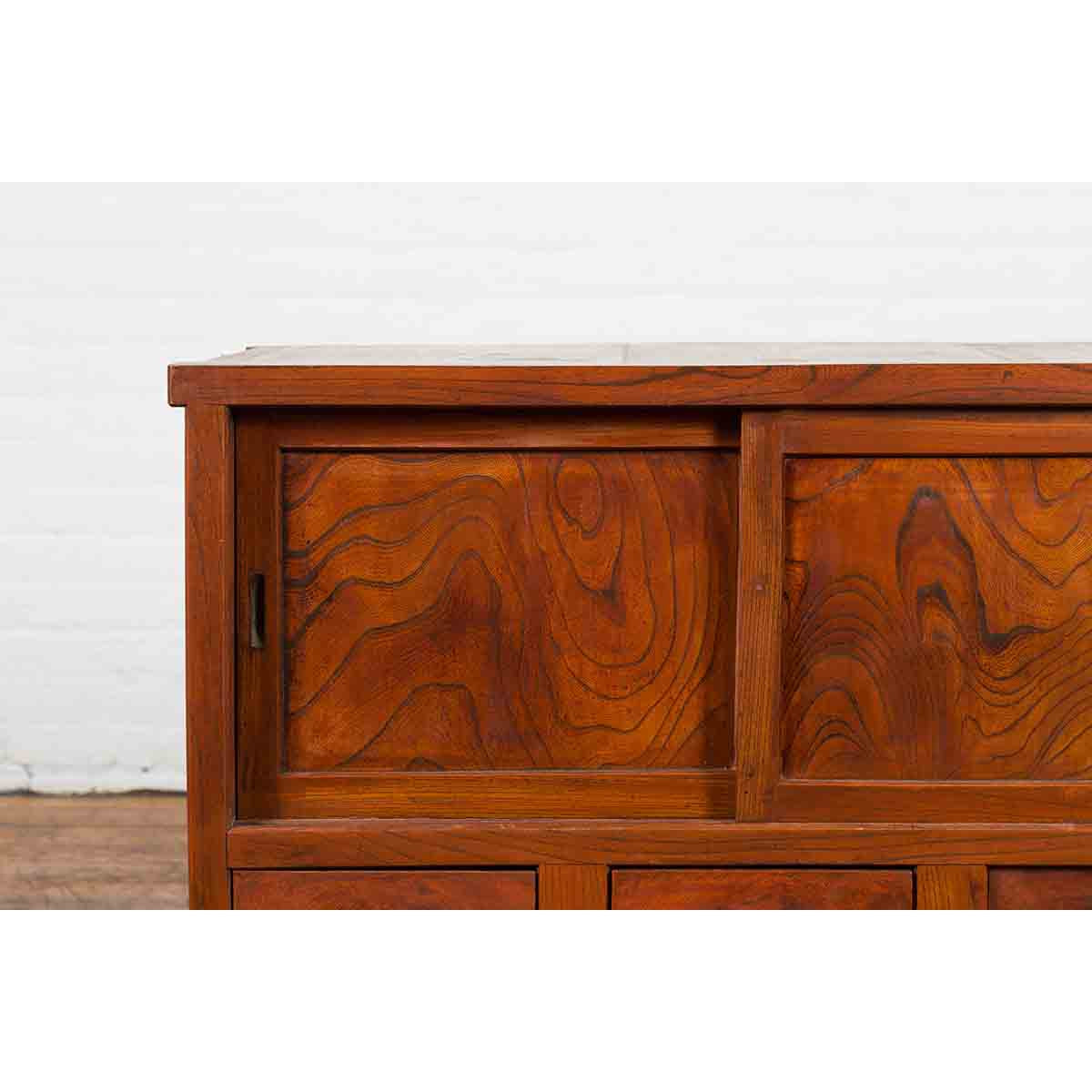 Japanese Taishō Period Keyaki Wood Cabinet with Sliding Doors and Five Drawers-8. Asian & Chinese Furniture, Art, Antiques, Vintage Home Décor for sale at FEA Home