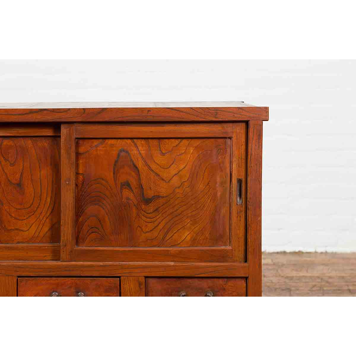 Japanese Taishō Period Keyaki Wood Cabinet with Sliding Doors and Five Drawers-9. Asian & Chinese Furniture, Art, Antiques, Vintage Home Décor for sale at FEA Home