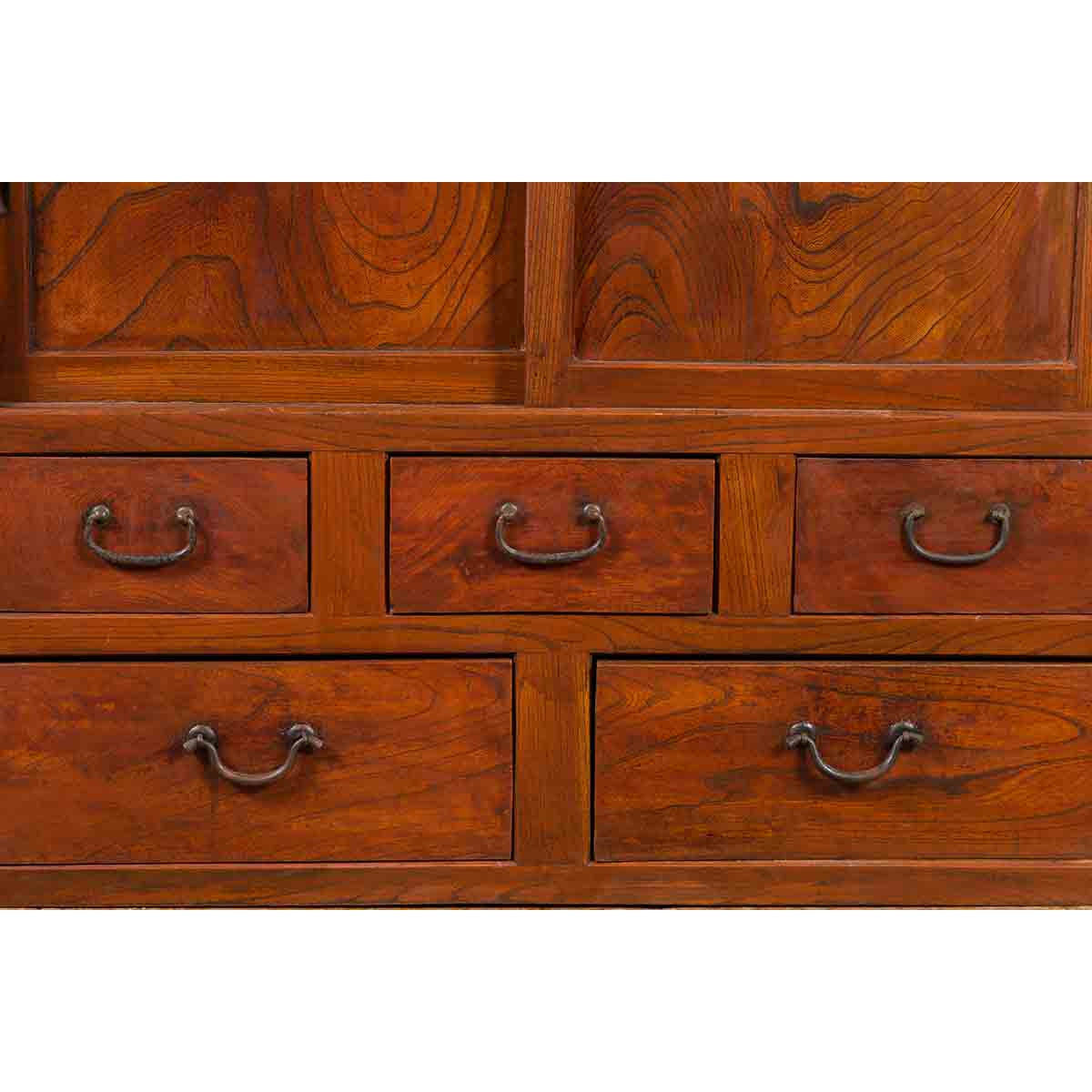 Japanese Taishō Period Keyaki Wood Cabinet with Sliding Doors and Five Drawers-12. Asian & Chinese Furniture, Art, Antiques, Vintage Home Décor for sale at FEA Home