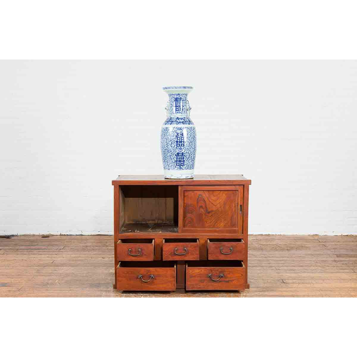 Japanese Taishō Period Keyaki Wood Cabinet with Sliding Doors and Five Drawers-4. Asian & Chinese Furniture, Art, Antiques, Vintage Home Décor for sale at FEA Home