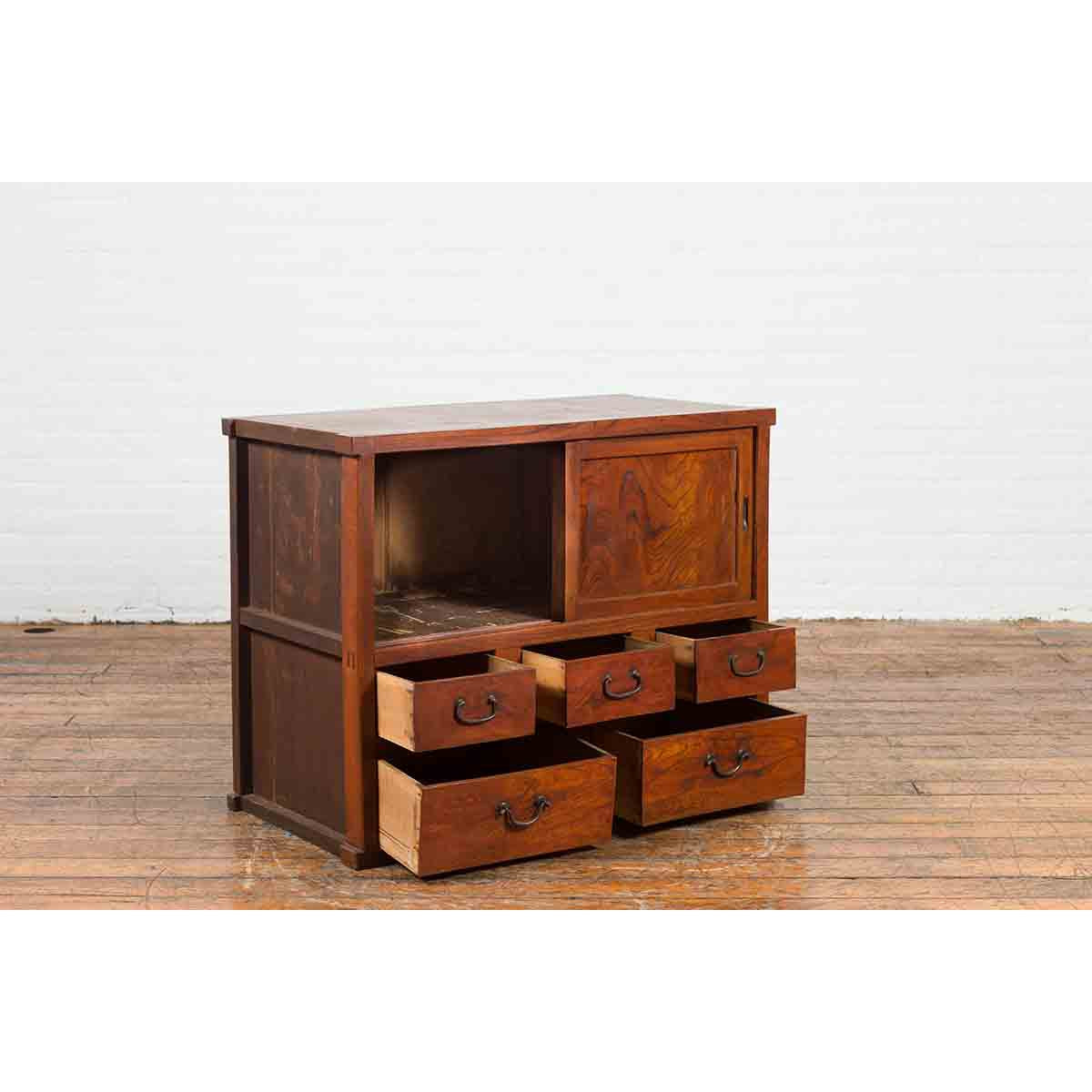 Japanese Taishō Period Keyaki Wood Cabinet with Sliding Doors and Five Drawers-6. Asian & Chinese Furniture, Art, Antiques, Vintage Home Décor for sale at FEA Home