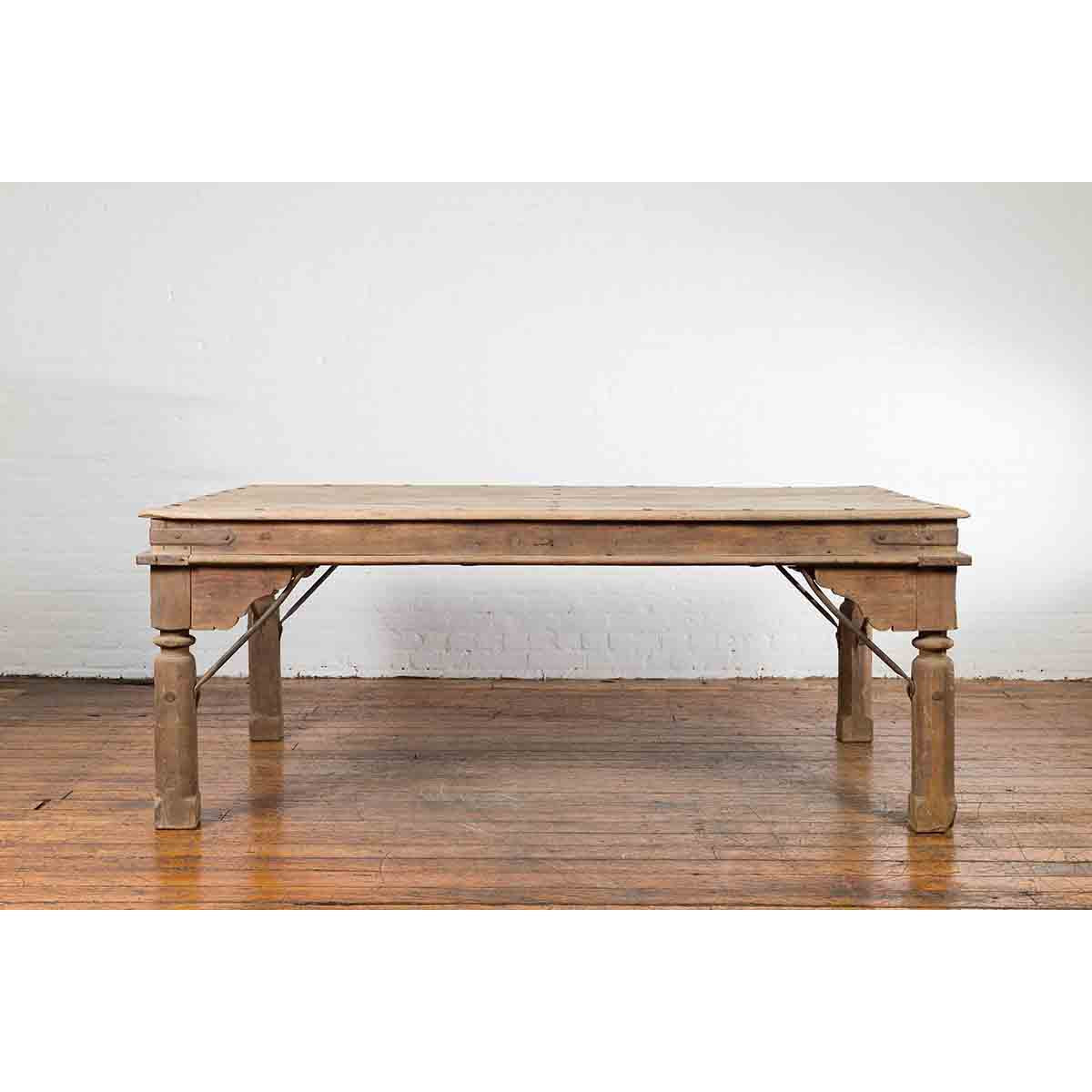Indian Dining Table with Distressed Patina, Iron Details and Baluster Legs-5. Asian & Chinese Furniture, Art, Antiques, Vintage Home Décor for sale at FEA Home