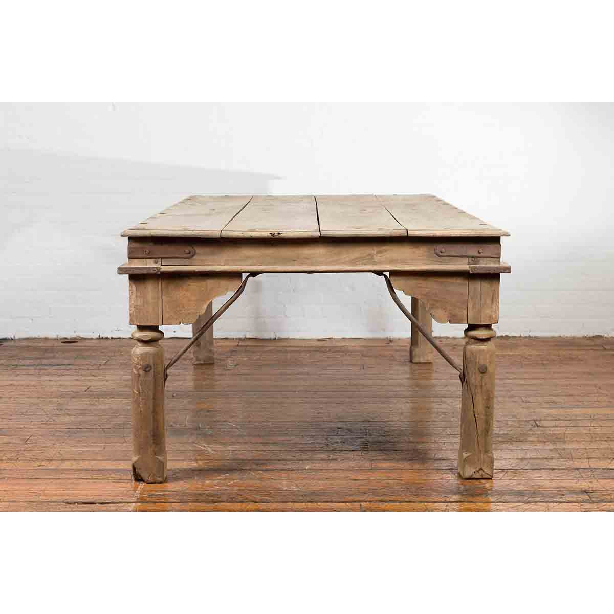 Indian Dining Table with Distressed Patina, Iron Details and Baluster Legs-13. Asian & Chinese Furniture, Art, Antiques, Vintage Home Décor for sale at FEA Home