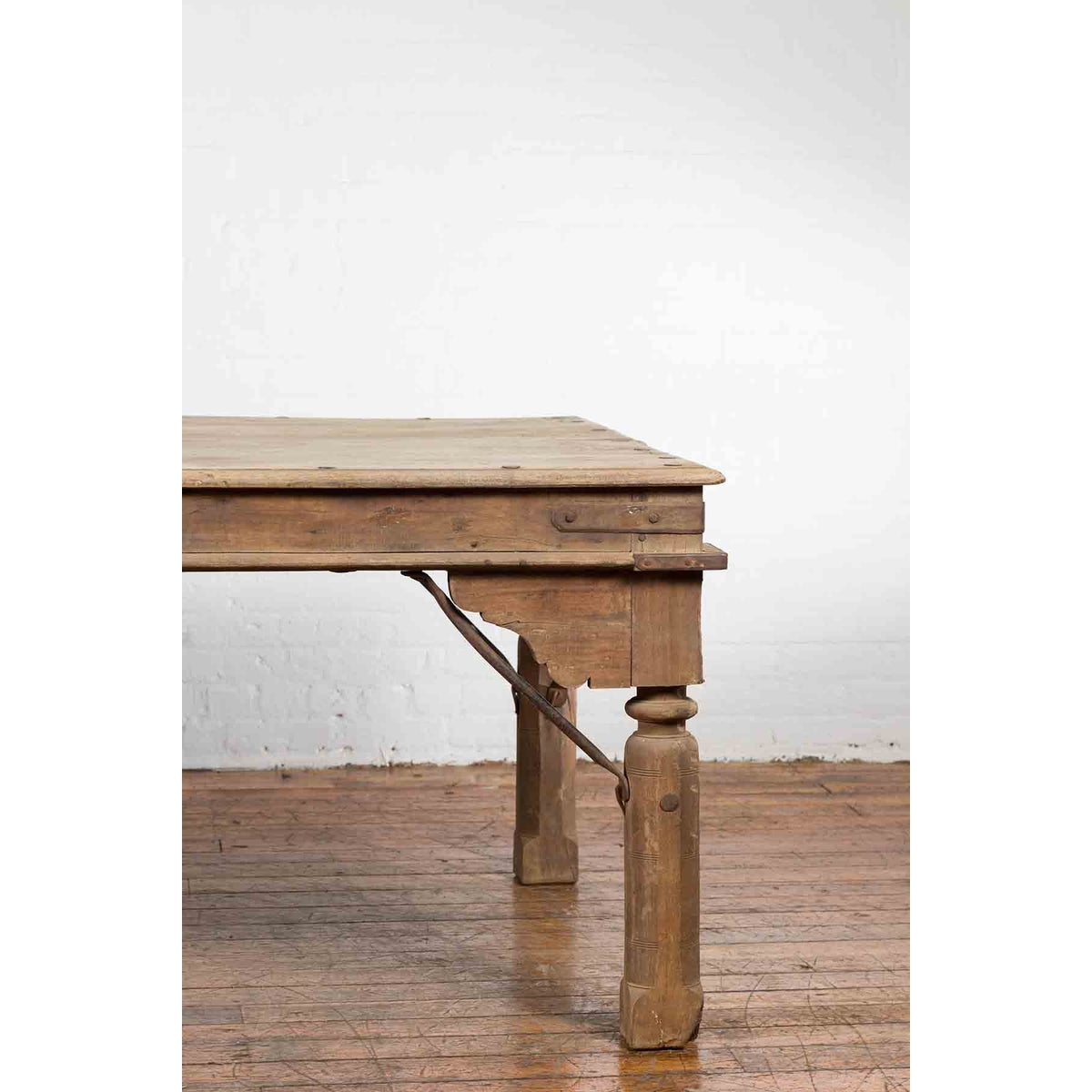 Indian Dining Table with Distressed Patina, Iron Details and Baluster Legs-6. Asian & Chinese Furniture, Art, Antiques, Vintage Home Décor for sale at FEA Home