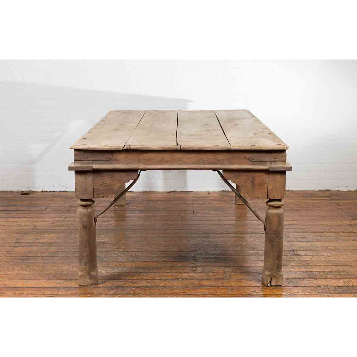Indian Dining Table with Distressed Patina, Iron Details and Baluster Legs-11. Asian & Chinese Furniture, Art, Antiques, Vintage Home Décor for sale at FEA Home