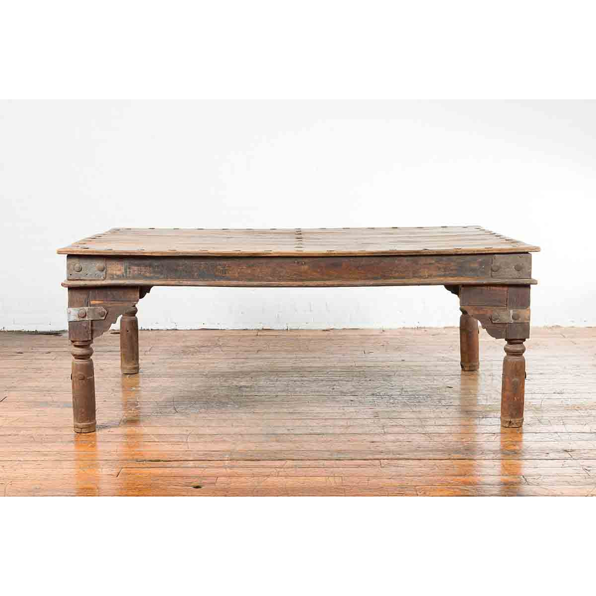 Indian Wood Dining Table with Distressed Patina, Iron Details and Baluster Legs-2. Asian & Chinese Furniture, Art, Antiques, Vintage Home Décor for sale at FEA Home