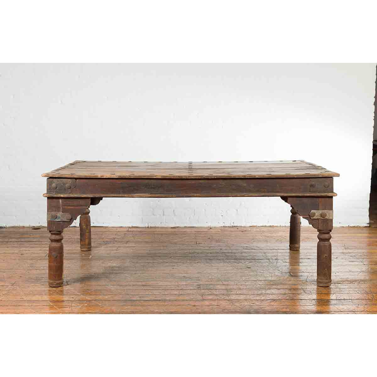 Indian Wood Dining Table with Distressed Patina, Iron Details and Baluster Legs-11. Asian & Chinese Furniture, Art, Antiques, Vintage Home Décor for sale at FEA Home