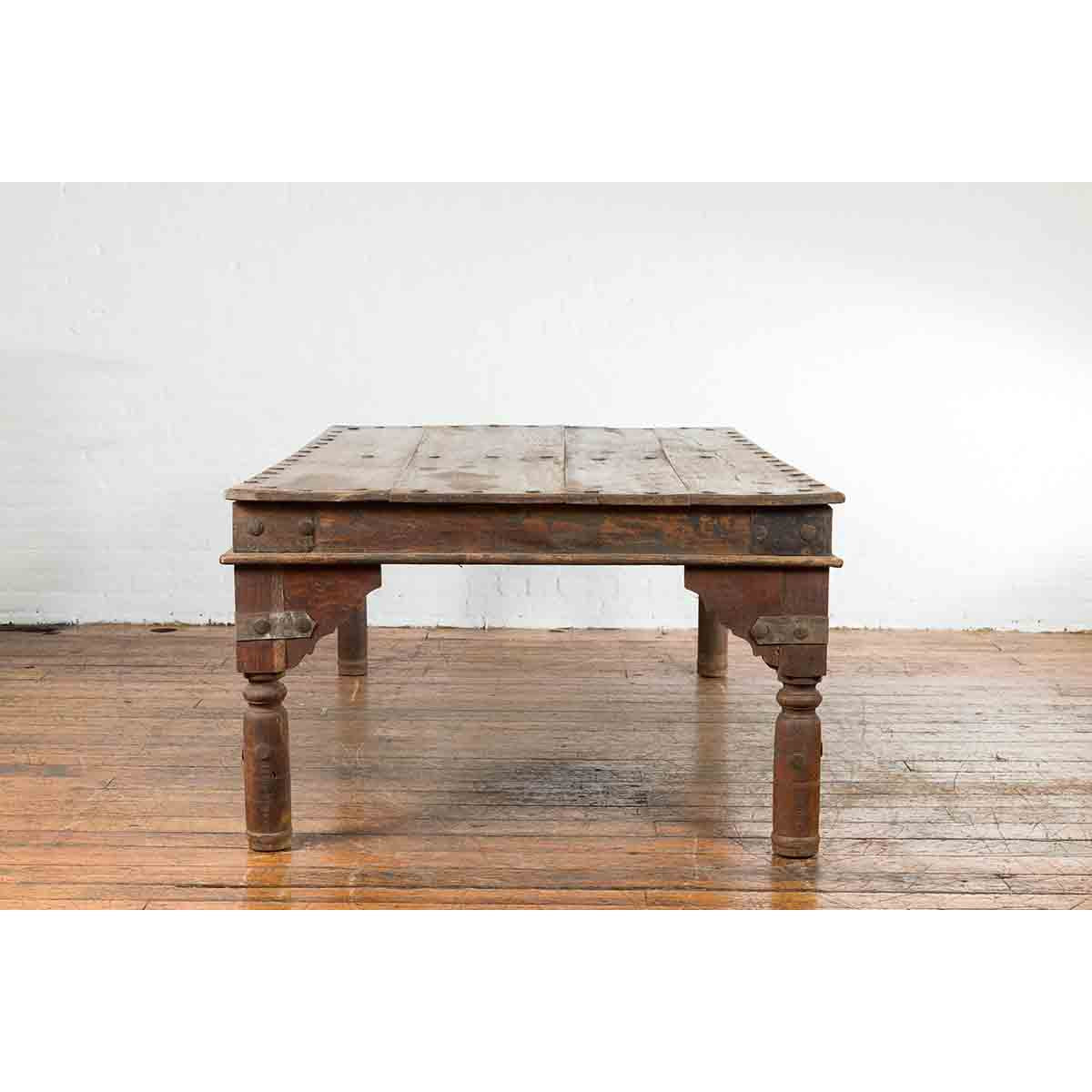 Indian Wood Dining Table with Distressed Patina, Iron Details and Baluster Legs-12. Asian & Chinese Furniture, Art, Antiques, Vintage Home Décor for sale at FEA Home
