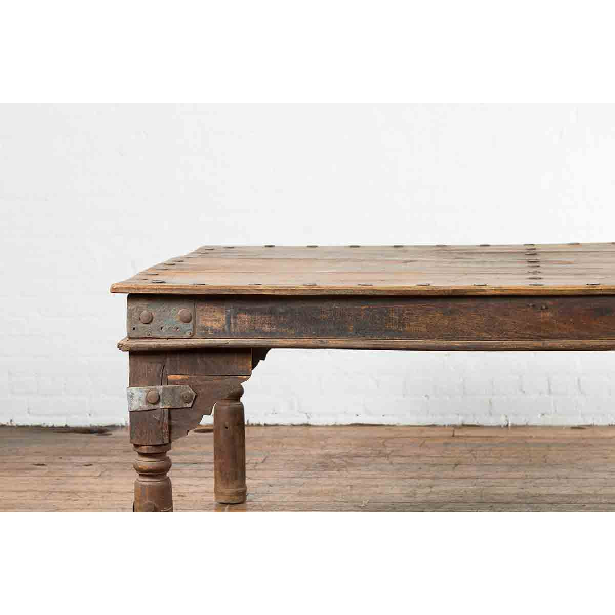 Indian Wood Dining Table with Distressed Patina, Iron Details and Baluster Legs-5. Asian & Chinese Furniture, Art, Antiques, Vintage Home Décor for sale at FEA Home