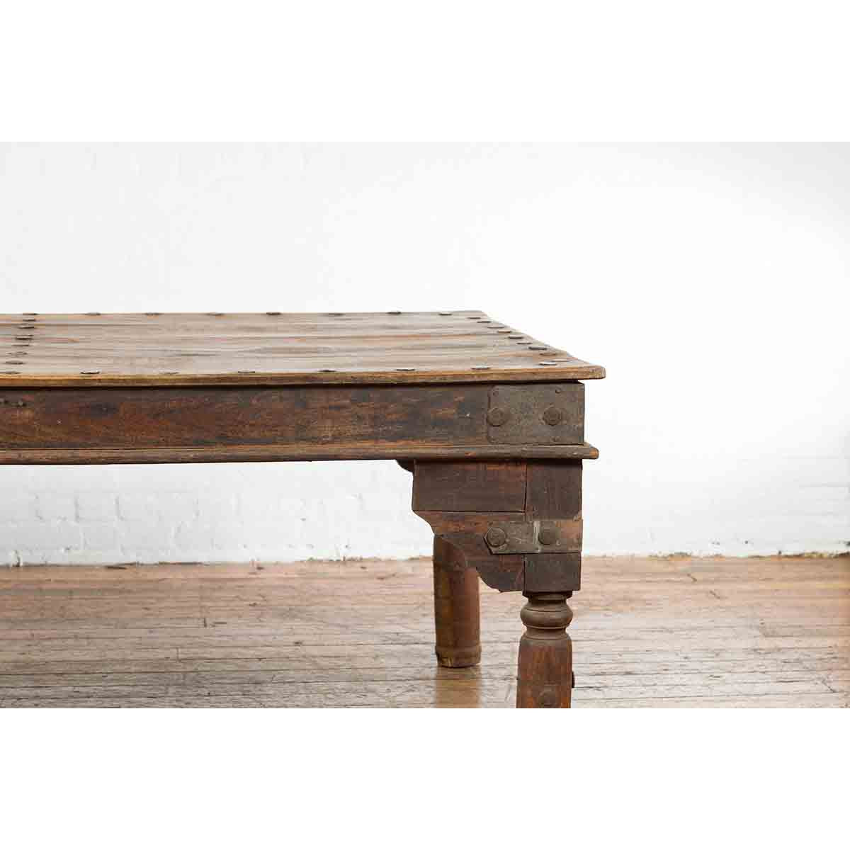 Indian Wood Dining Table with Distressed Patina, Iron Details and Baluster Legs-6. Asian & Chinese Furniture, Art, Antiques, Vintage Home Décor for sale at FEA Home