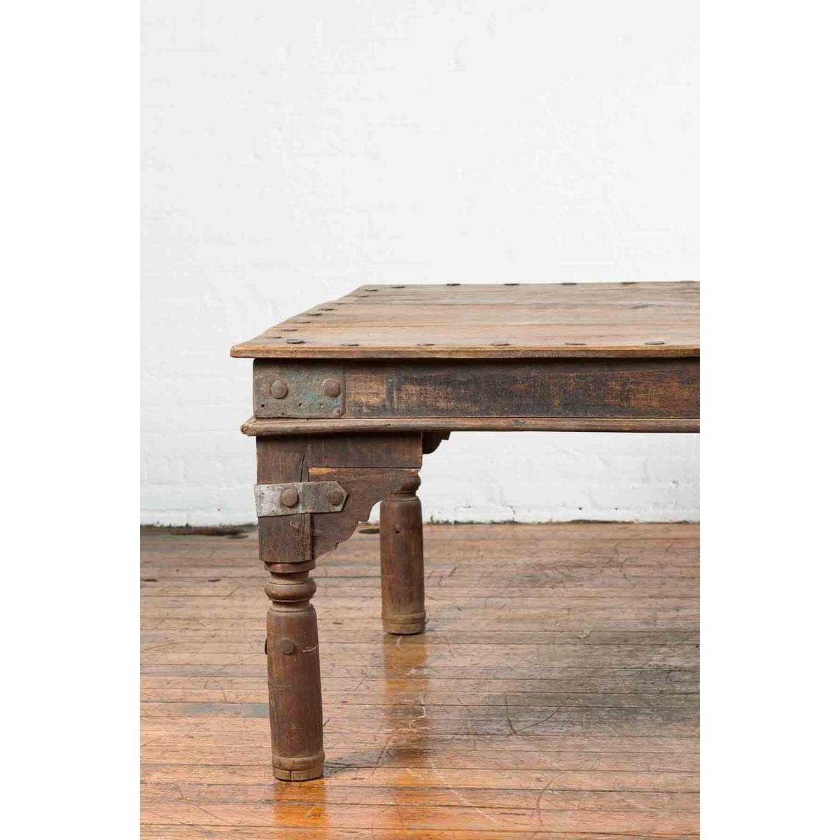 Indian Wood Dining Table with Distressed Patina, Iron Details and Baluster Legs-7. Asian & Chinese Furniture, Art, Antiques, Vintage Home Décor for sale at FEA Home