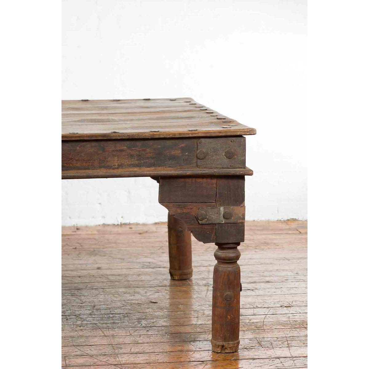 Indian Wood Dining Table with Distressed Patina, Iron Details and Baluster Legs-8. Asian & Chinese Furniture, Art, Antiques, Vintage Home Décor for sale at FEA Home