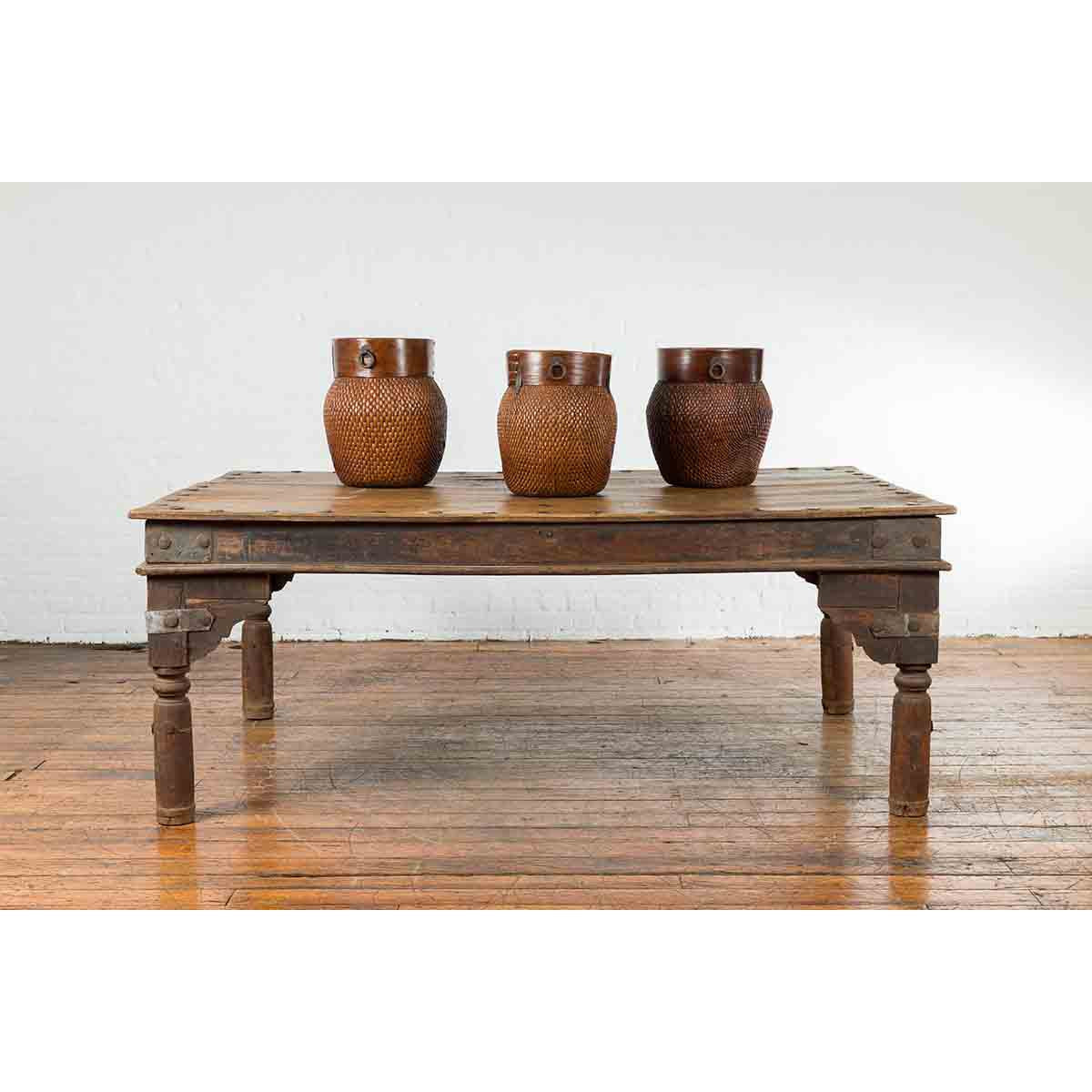 Indian Wood Dining Table with Distressed Patina, Iron Details and Baluster Legs-4. Asian & Chinese Furniture, Art, Antiques, Vintage Home Décor for sale at FEA Home